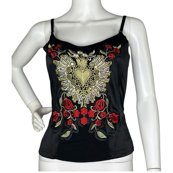Gothic Lace Up Bustier Corset Heart Skulls 3D Roses Black Gold Red Witchy Voodoo - Picture 2 of 9